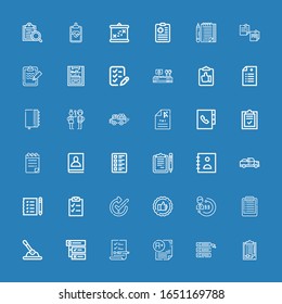 Editable 36 checklist icons for web and mobile. Set of checklist included icons line Clipboard, List, Exam, Tasks, Control, Evaluation, Evaluate, Check, Checklist on blue background