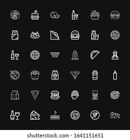 Editable 36 cheese icons for web and mobile. Set of cheese included icons line Cheese, No fast food, Breakfast, Sandwich, Wine, Pizza, Stroopwafel, Hamburguer on black background