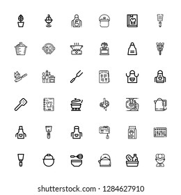 Editable 36 chef icons for web and mobile. Set of chef included icons line Chef, Food, Kettle, Whisk, Pot, Spatula, Mixer, Apron, Ladle, Butcher, Recipe book on white background