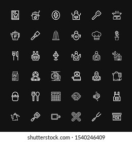 Editable 36 chef icons for web and mobile. Set of chef included icons line Fish food, Fork, Wooden spoon, Cutting board, Spatula, Kettle, Apron, Butcher, Dish on black background