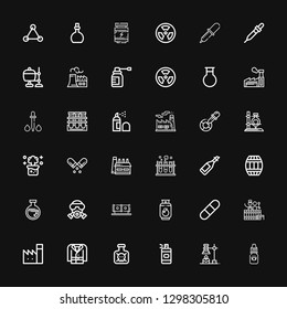 Editable 36 chemical icons for web and mobile. Set of chemical included icons line Eye dropper, Chemical, Spray bottle, Toxic, Coat, Factory, Barrel, Pill on black background