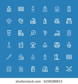 Editable 36 chemical icons for web and mobile. Set of chemical included icons line Molecule, Eye dropper, Factory, Pills, Scientist, Contraceptive pills, Chemistry on blue background