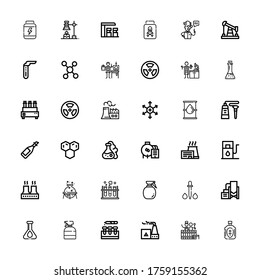 Editable 36 chemical icons for web and mobile. Set of chemical included icons line Oil, Barrel, Factory, Test tube, Spray, Flask, Reservoir, Dropper, Chemistry on white background