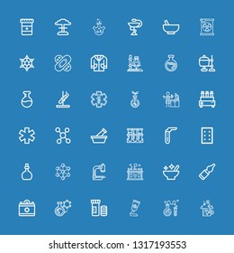Editable 36 chemistry icons for web and mobile. Set of chemistry included icons line Drugs, Chemistry, Medicine, Vitamins, Flask, Medical, Vials, Mortar, Microscope on blue background