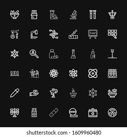 Editable 36 chemistry icons for web and mobile. Set of chemistry included icons line Radiation, Medical, Pills, Bandage, Medicine, Test tube, Mortar, Molecule on black background