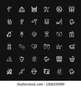 Editable 36 child icons for web and mobile. Set of child included icons line Unicorn, Girl, Drawing, Boy, Charity, Baby carriage, Stroller, Seat, Joy, Blocks on black background