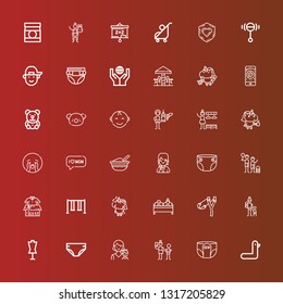 Editable 36 Child Icons For Web And Mobile. Set Of Child Included Icons Line Duck, Diaper, Neglect, Mother, Dummy, Slingshot, Double Bed, Unicorn, Swing, Clothes Donation On Red