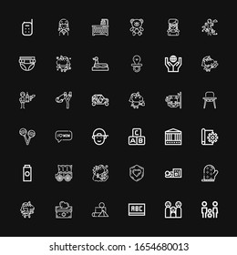 Editable 36 child icons for web and mobile. Set of child included icons line Family, Blackboard, Blocks, Donation, Unicorn, Mitten, Homeless, Charity, Carriage on black background