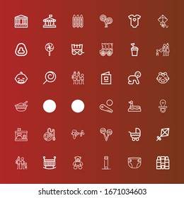Editable 36 childhood icons for web and mobile. Set of childhood included icons line Crayons, Diaper, Crayon, Bear, Crib, Family, Kite, Stroller, Rattles, Water gun, Yoyo on red