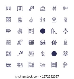 Editable 36 children icons for web and mobile. Set of children included icons line Water gun, Bunk bed, Girl, Kite, Birthday invitation, Sloth, Denture, Monster on white background