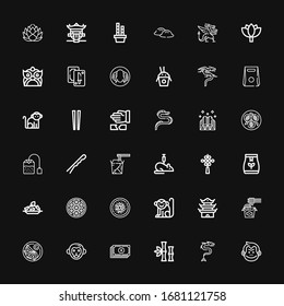 Editable 36 chinese icons for web and mobile. Set of chinese included icons line Monkey, Dragon, Bamboo, Yuan, Jiaozi, Noodles, Pagoda, Chinese food, Baozi on black background