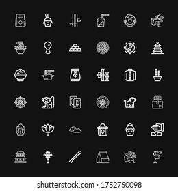Editable 36 chinese icons for web and mobile. Set of chinese included icons line Dragon, Take away, Hairpin, Chinese knot, Dojo, Martial arts, Geisha, Fried chicken on black background