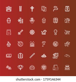 Editable 36 chinese icons for web and mobile. Set of chinese included icons line Dojo, Take away, Tofu, Lotus, Zongzi, Dumpling, Martial arts, Rice, Hairpin, Kimono, Yuan on red