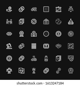 Editable 36 chip icons for web and mobile. Set of chip included icons line Roulette, Biscuit, Biscuits, Artificial intelligence, Chips, Robot, Chip, Poker on black background