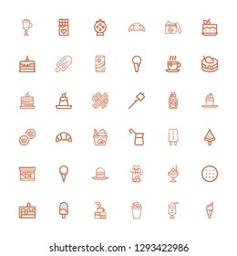 Editable 36 chocolate icons for web and mobile. Set of chocolate included icons line Ice cream, Milkshake, Coffee, Cake, Biscuit, Cookies, Profiterole, Fish food on white background