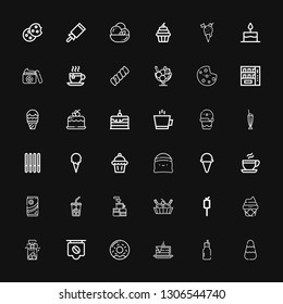 Editable 36 chocolate icons for web and mobile. Set of chocolate included icons line Candy, Milkshake, Cake, Donut, Coffee, Cookies, Ice cream, Marshmallow on black background