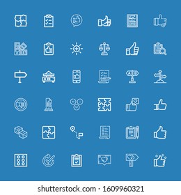 Editable 36 choice icons for web and mobile. Set of choice included icons line Thumbs up, Signpost, Like, List, Check, Dice, Thumb up, Clipboards, Direction on blue background