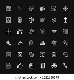 Editable 36 choice icons for web and mobile. Set of choice included icons line Direction, Quality, Test, Checklist, Thumb up, Done, Puzzle, Clipboard, Sign Post on black background