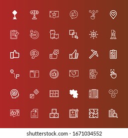 Editable 36 choice icons for web and mobile. Set of choice included icons line Clipboard, Puzzle, Dice, Exam, Proposal, Satisfaction, List, Favorite, Touch, Like, Evaluate on red