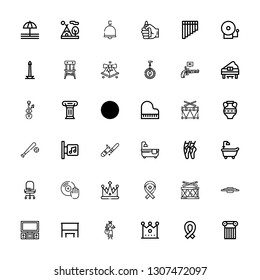 Editable 36 classic icons for web and mobile. Set of classic included icons line Column, Ribbon, Crown, Guitar, Bus stop, Tv, Drum, Vinyl, Chair, Bathtub, Ballet on white background
