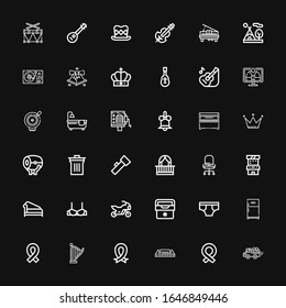 Editable 36 classic icons for web and mobile. Set of classic included icons line Pick up, Ribbon, Harmonica, Harp, Refrigerator, Underwear, Fridge, Motorbike on black background
