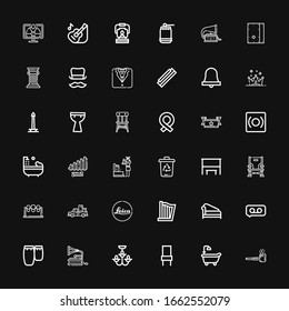 Editable 36 classic icons for web and mobile. Set of classic included icons line Smoking pipe, Bathtub, Chair, Chandelier, Gramophone, Conga, Recording, Divan on black background