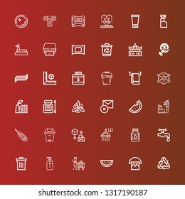 Editable 36 clean icons for web and mobile. Set of clean included icons line Recycling, Bucket, Watermelon, Housekeeping, Soap, Bin, Water tap, Drops, Shower, d cube, Trash can on red