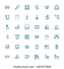 Editable 36 cleaner icons for web and mobile. Set of cleaner included icons line Bath, Housekeeping, Dustpan, Towel, Towels, Spray bottle, Fryer, Maid, Washing on white background