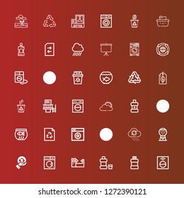 Editable 36 clear icons for web and mobile. Set of clear included icons line Washing machine, Mouthwash, Machine, Recycling, Rain, Recycle, Fish bowl, Sun cloud, Recyclable on red