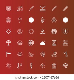 Editable 36 climate icons for web and mobile. Set of climate included icons line Umbrella, Heater, Brightness, Thermometer, Rain, Temperature, Ecologism, Global warming on red
