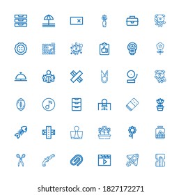 Editable 36 clip icons for web and mobile. Set of clip included icons line Sharpener, Rocket, Clapper, Paper clip, Musket, Scissors, Chewing gum, Flower, Flowers on white background