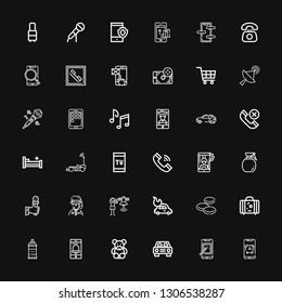 Editable 36 clipart icons for web and mobile. Set of clipart included icons line Smartphone, Car, Teddy bear, Spray, Suitcase, Blood cells, Satellite, Park ranger on black background