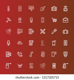 Editable 36 clipart icons for web and mobile. Set of clipart included icons line Spray, Smartphone, Telephone, Shopping cart, Hemoglobin, Musical note, Microphone, Car on red