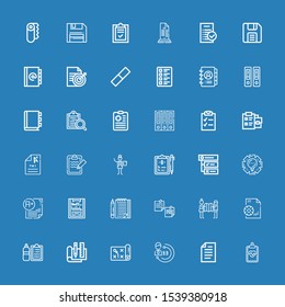 Editable 36 clipboard icons for web and mobile. Set of clipboard included icons line Clipboard, Paper, Evaluation, Planning, Plan, Check list, Management, Notepad on blue background