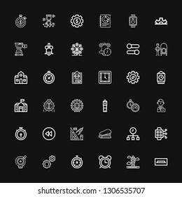 Editable 36 clock icons for web and mobile. Set of clock included icons line Tv table, Big ben, Alarm, Stopwatch, Settings, Bell, Smartwatch, Time, Staple on black background
