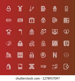 Editable 36 close icons for web and mobile. Set of close included icons line Logout, Key, Balcony, Elevator, Delete, Padlock, Lips, Key ring, Double door, Graffiti, Strongbox on red