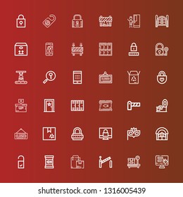 Editable 36 closed icons for web and mobile. Set of closed included icons line Password, Box, Barrier, Canned food, Doorknob, Door, Eye mask, Padlock, Lock, Closed, Tin on red