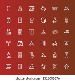 Editable 36 cloth icons for web and mobile. Set of cloth included icons line Hanger, Clothes, Apron, Iron, Wardrobe, Wipes, Jeans, Jacket, Washing, Thread spool, Stitches on red