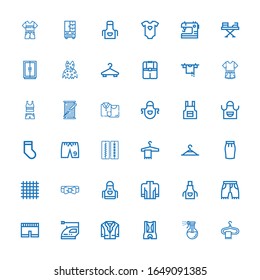 Editable 36 cloth icons for web and mobile. Set of cloth included icons line Hanger, Washing, Shorts, Jacket, Iron, Short, Apron, Bow tie, Cloth, Skirt, Clothing hanger on white background