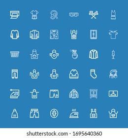 Editable 36 cloth icons for web and mobile. Set of cloth included icons line Apron, Iron, Sourdough, Shorts, Hanger, Wardrobe, Jacket, Washing, Socks, Wipes on blue background