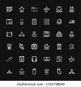 Editable 36 cloth icons for web and mobile. Set of cloth included icons line Hanger, Socks, Clothes, Skirt, Apron, Clothing hanger, Shorts, Sweatshirt, Jeans on black background