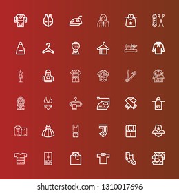 Editable 36 clothes icons for web and mobile. Set of clothes included icons line Sewing machine, Socks, Polo shirt, Shirt, Closet, Cowboy hat, Clothes, Juventus, Dress on red