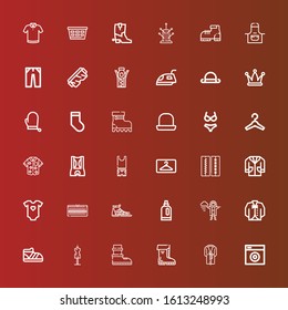 Editable 36 clothing icons for web and mobile. Set of clothing included icons line Washing machine, Bathrobe, Boots, Mannequin, Shoe, Vest, Raincoat, Detergent, Sandals on red