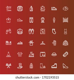 Editable 36 clothing icons for web and mobile. Set of clothing included icons line Shoe, Boot, Jacket, Iron, Safety glasses, Hat, Shorts, Shirt, Gloves, Clothing hanger on red