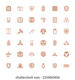 Editable 36 coat icons for web and mobile. Set of coat included icons line Wardrobe, Shield, Fashion, Bodyguard, Hoodie, Clothing hanger, Jacket, Hanger on white background