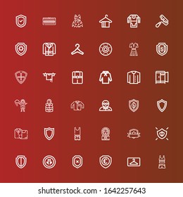 Editable 36 coat icons for web and mobile. Set of coat included icons line Clothes, Hanger, Shield, Eskimo, Bodyguard, Clothing, Jacket, Raincoat, Wardrobe, Cardigan, Hoodie on red
