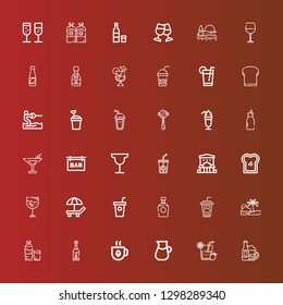 Editable 36 cocktail icons for web and mobile. Set of cocktail included icons line Bar, Lemonade, Tea, Champagne, Drink, Beach, Cola, Brandy, Smoothie, Toast, Ice coffee on red