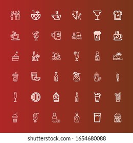 Editable 36 cocktail icons for web and mobile. Set of cocktail included icons line Bar, Drink, Brandy, Cola, Milkshake, Lemonade, Champagne, Soda, Champagne glass, Tea on red
