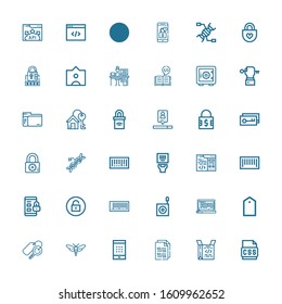 Editable 36 code icons for web and mobile. Set of code included icons line Css, Coding, Password, Bug, Keys, Tag, Api, Barcode, Unlock, Padlock, Dna, Key, Search engine on white background