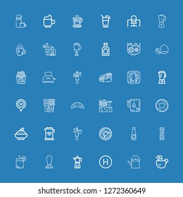 Editable 36 coffee icons for web and mobile. Set of coffee included icons line Coconut drink, Teapot, Hotel, Coffee maker, Coffee, Drink, Snack, Juice, Breakfast on blue background